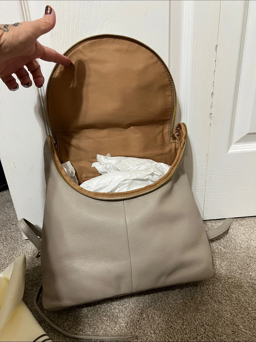 HOBO Taupe Leather Backpack with Gold Hardware